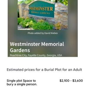 One single burial plot at Westminster Memorial Gardens in Peachtree City Ga